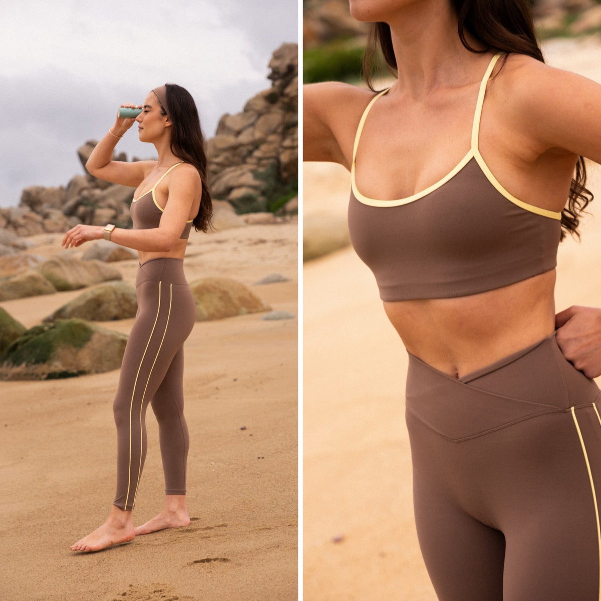 Conjunto Pine Banana: peto Low Impact y legging 7/8 Cross en la playa