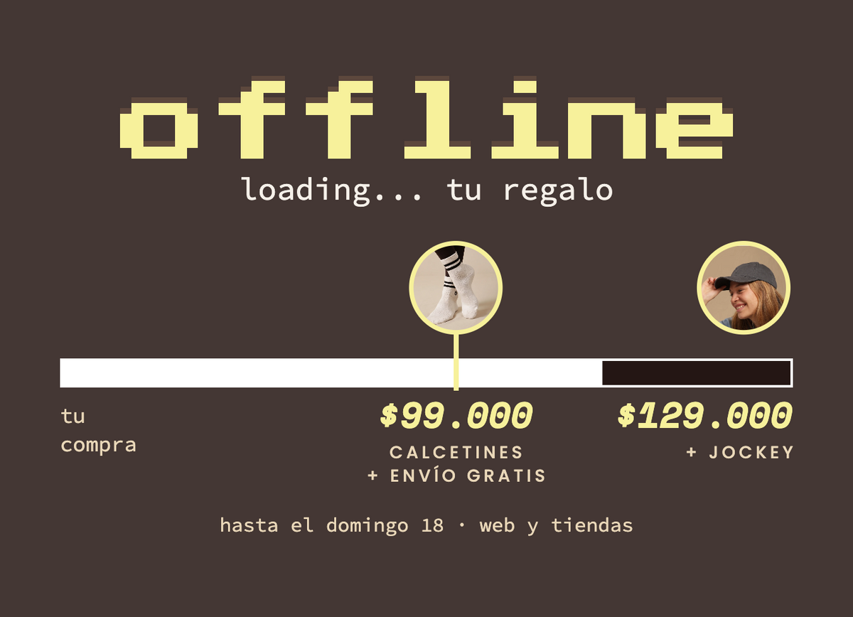 OFFLINE: desde $99.000 calcetines de regalo y envío gratis; desde $129.000 suma un jockey. Hasta el domingo 18.